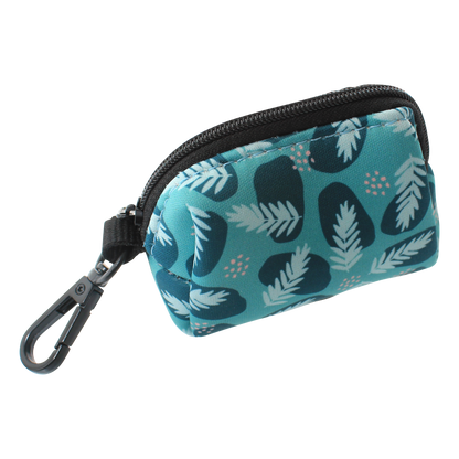 Small bluepoo bag holder with leaf pattern and black zipper on a white background