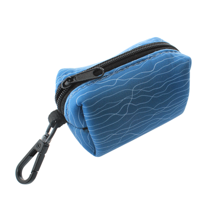 Blue textured poo bag holder with a black zipper and carabiner on a white background