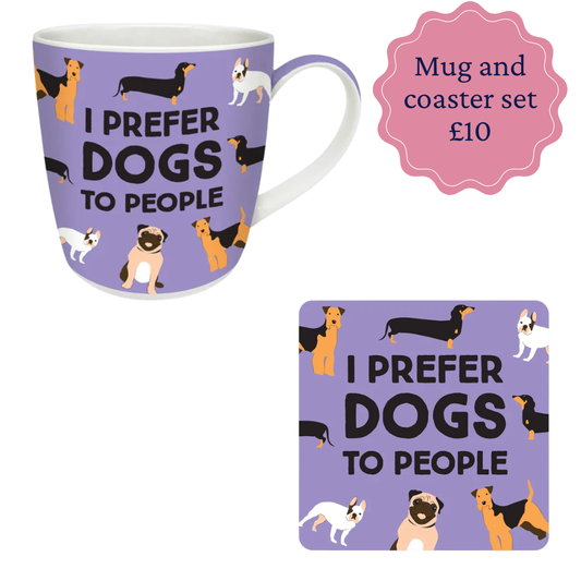 Mug and coaster set with dog illustrations and text on a purple background