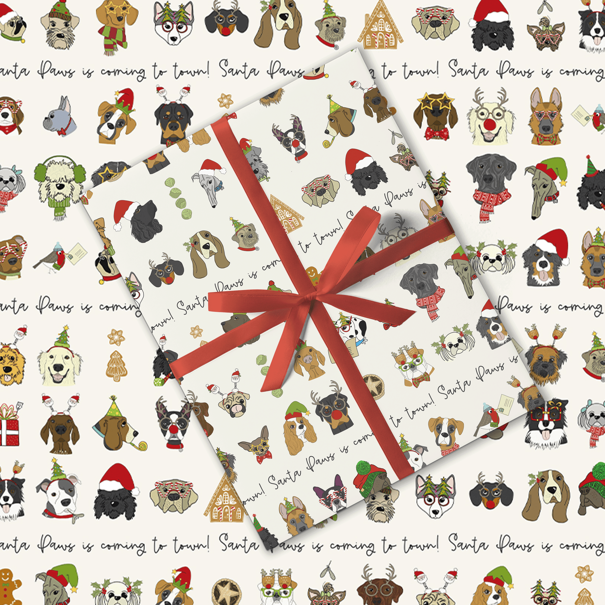 Gift wrap with festive dog illustrations and a red ribbon on a white background.