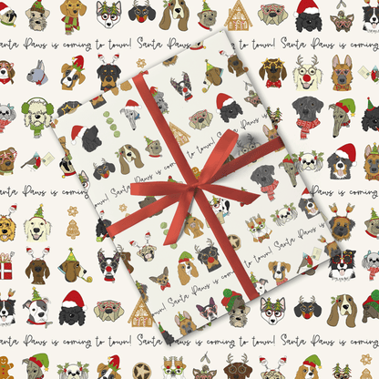 Gift wrap with festive dog illustrations and a red ribbon on a white background.