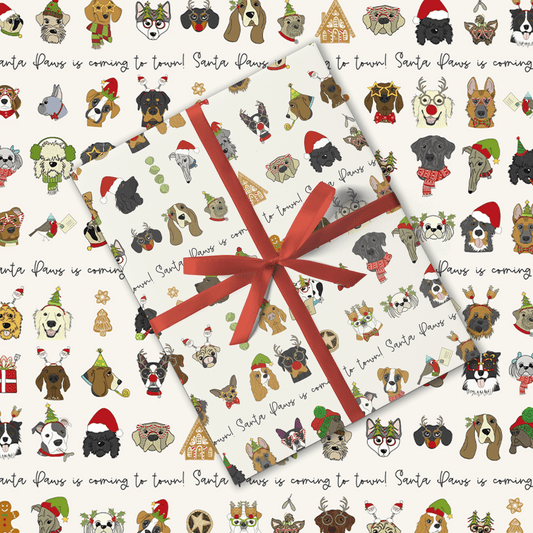 Gift wrap with festive dog illustrations and a red ribbon on a white background.