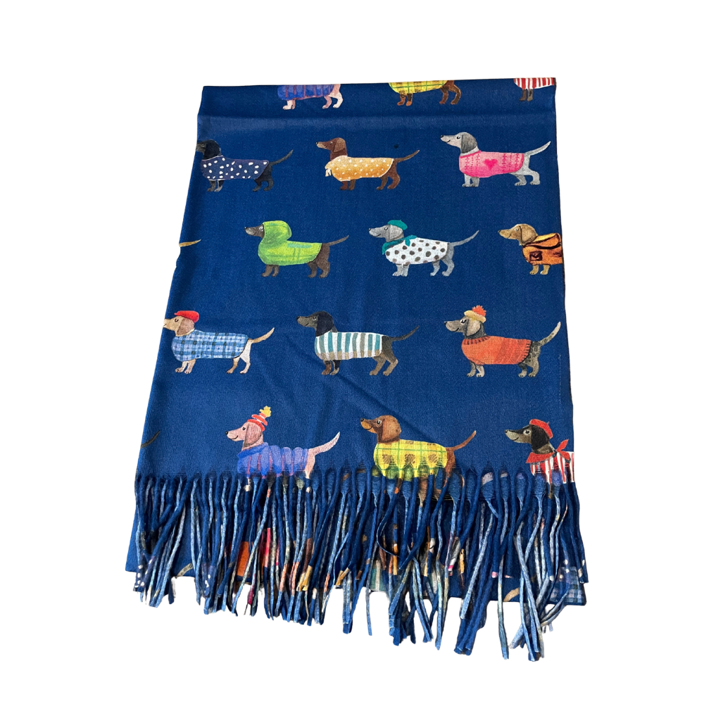 Navy scarf with pattern of sausage dogs in coats