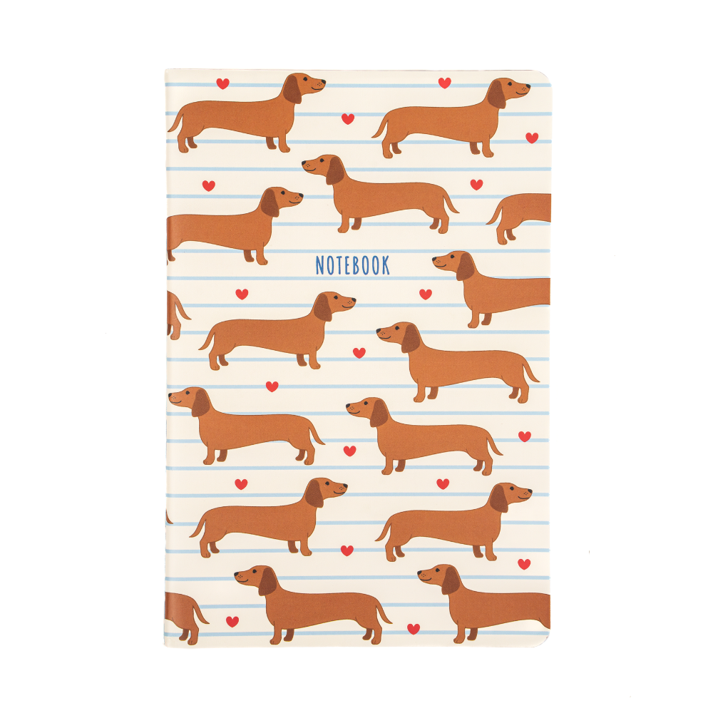 A5 notebook with sausage dog design on the front.