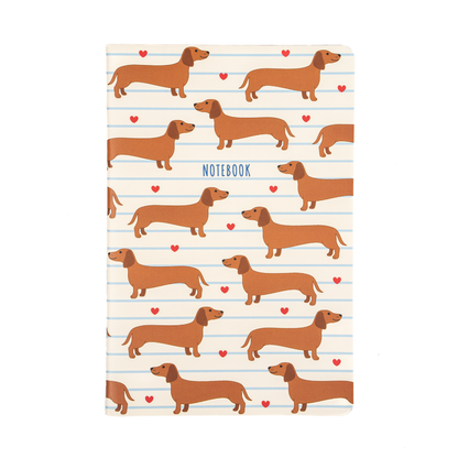 A5 notebook with sausage dog design on the front.