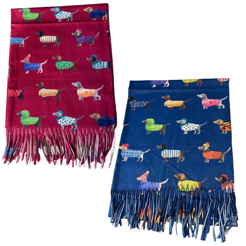 Two sausage dog scarves one in red and the other navy.