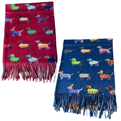 Two sausage dog scarves one in red and the other navy.