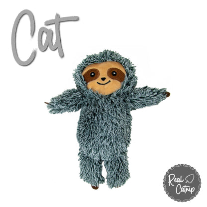 Plush toy sloth with a catnip label on a white background