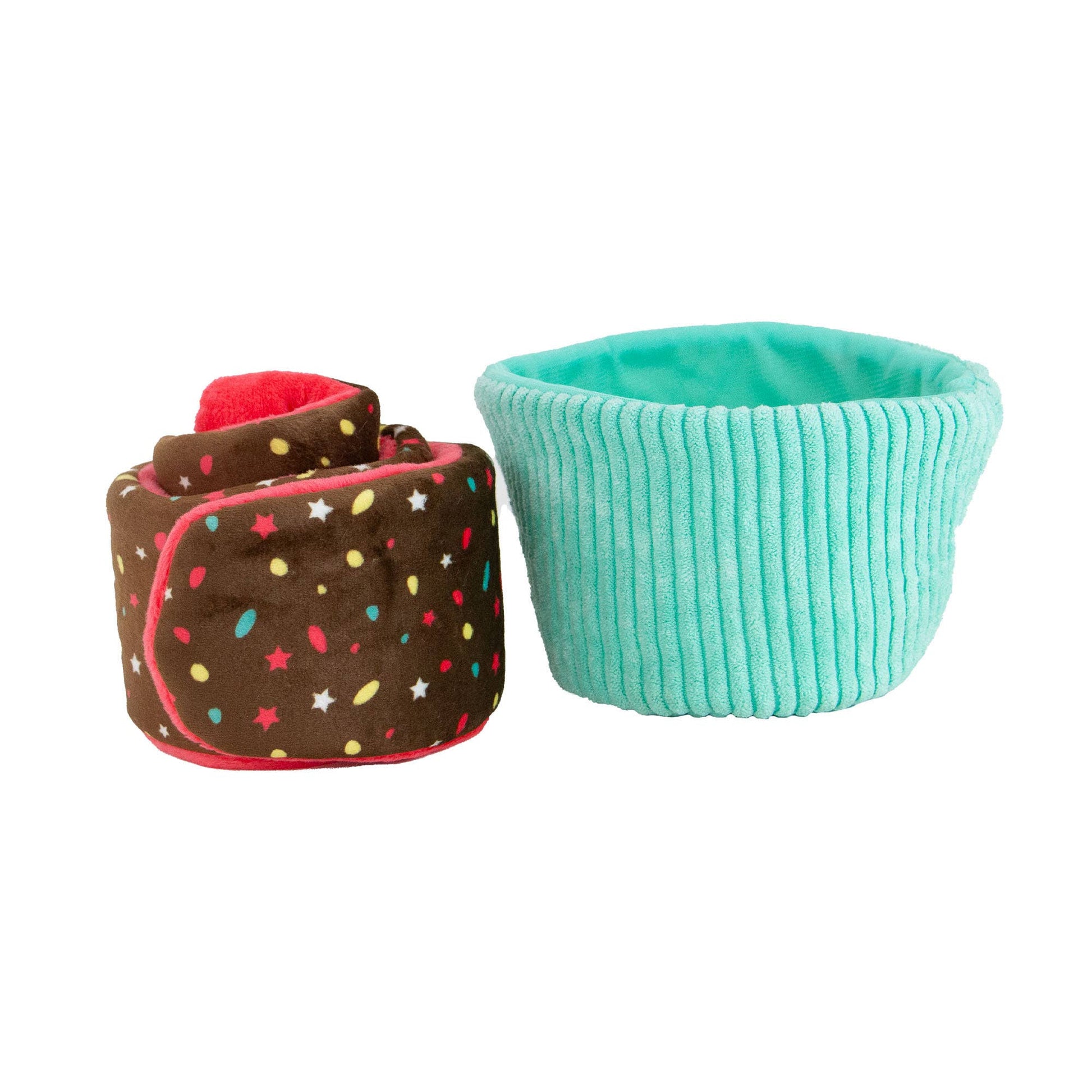 2 pieces of the cupcake dog toy, one with a colourful pattern and the other plain teal, on a white background.