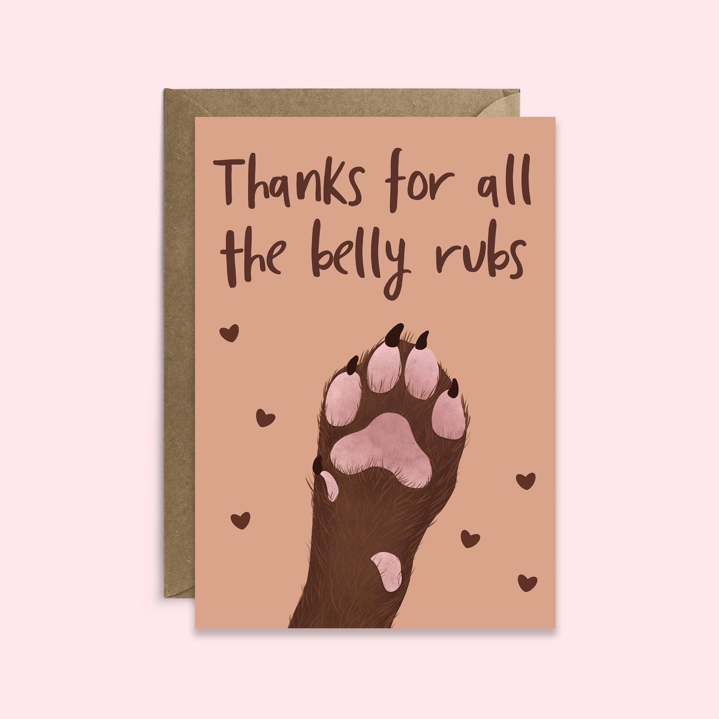 Card with a paw print and text 'Thanks for all the belly rubs' on a beige background
