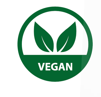 Vegan certification logo with green leaves and 'VEGAN' text on a white background