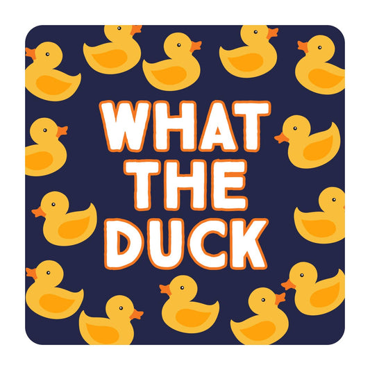 Navy blue coaster with yellow rubber duck pattern and 'WHAT THE DUCK' text.