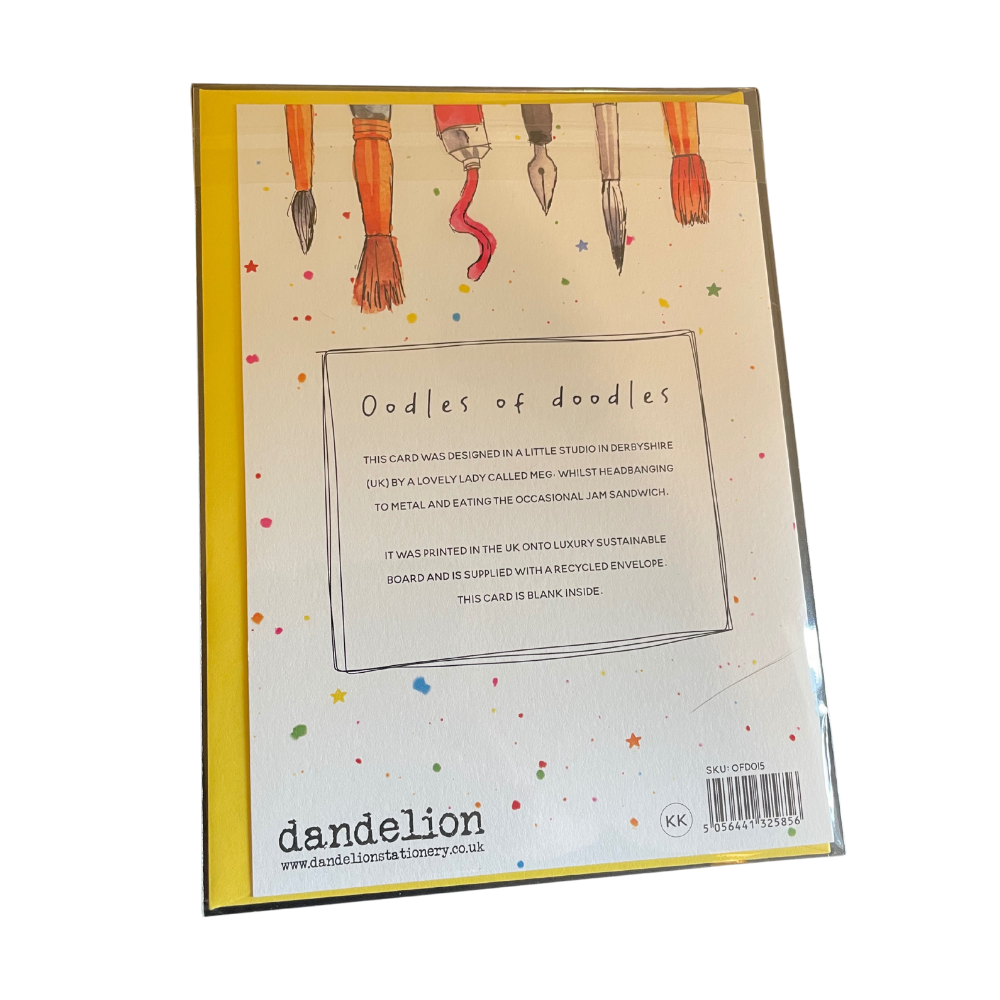 Back of a card with 'Oodles of Doodles' text and 'dandelion' branding.