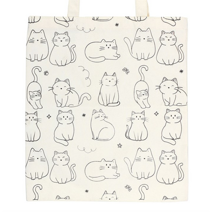 Tote bag with black cat illustrations on a white background