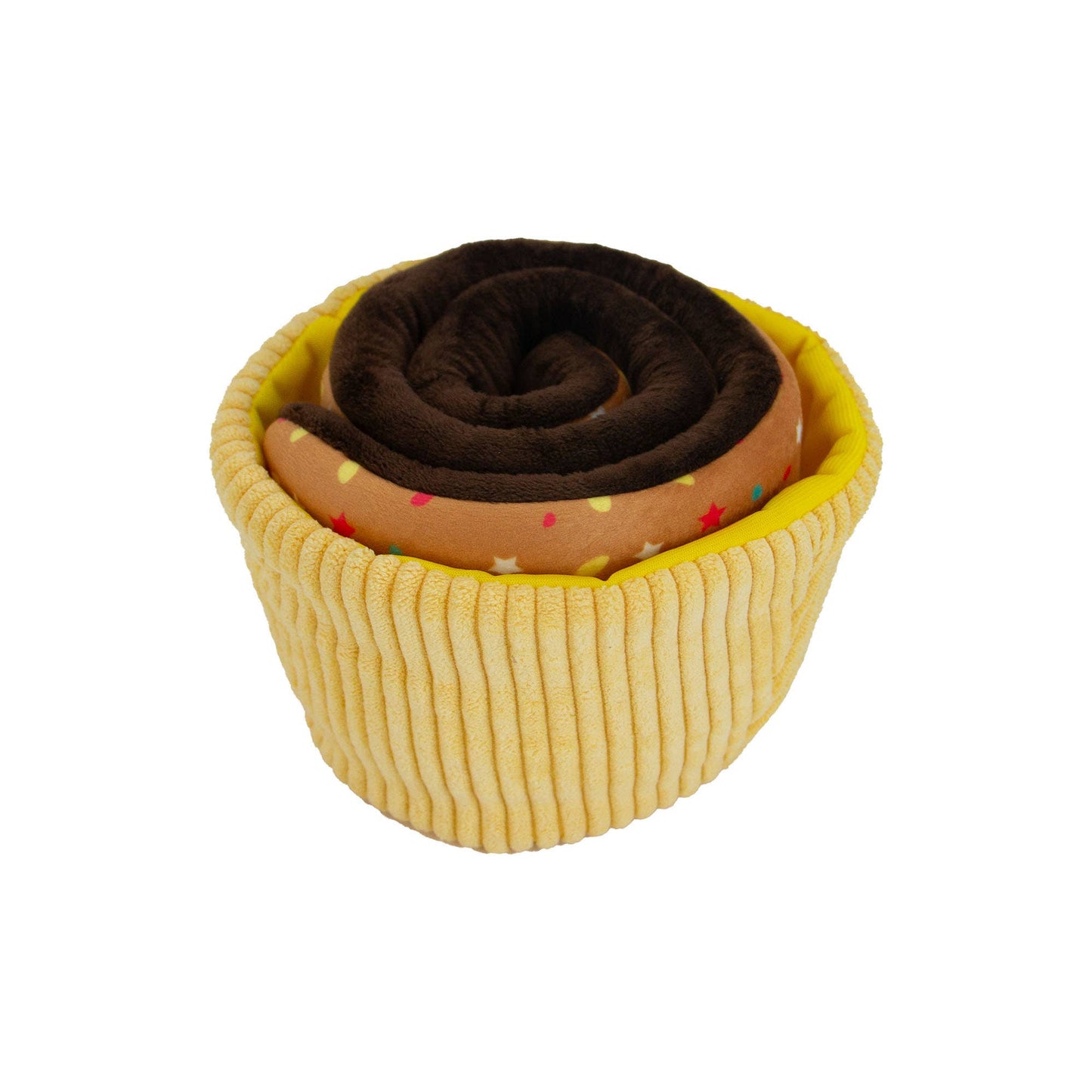 Cupcake-shaped pet toy with brown interior on a white background